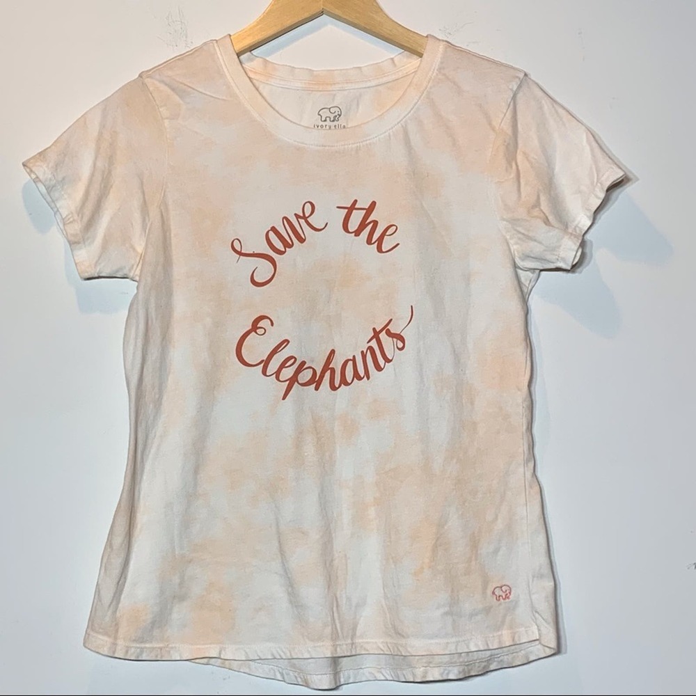 EUC Ivory Ella “Save the Elephants” white/peach/rust tie-dye‎ short sleeve tee